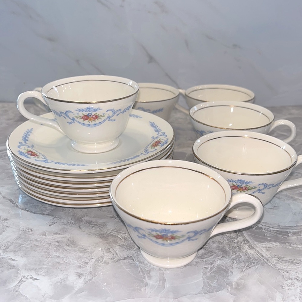Edwin m Knowles semi vitreous floral teacup and sauce set of 7 vtg
